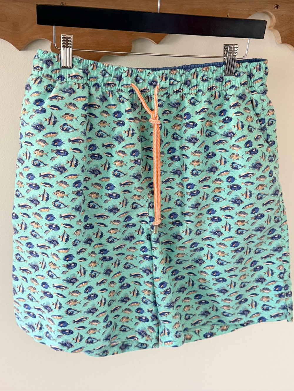 Peter Millar Mint Swim Trunks with Navy and Peach Fish Print